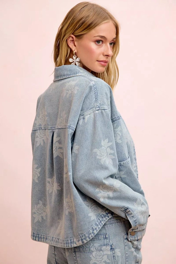 BiBi Printed Washed Denim Jacket With Pocket - Nikki &amp; Co. Boutique