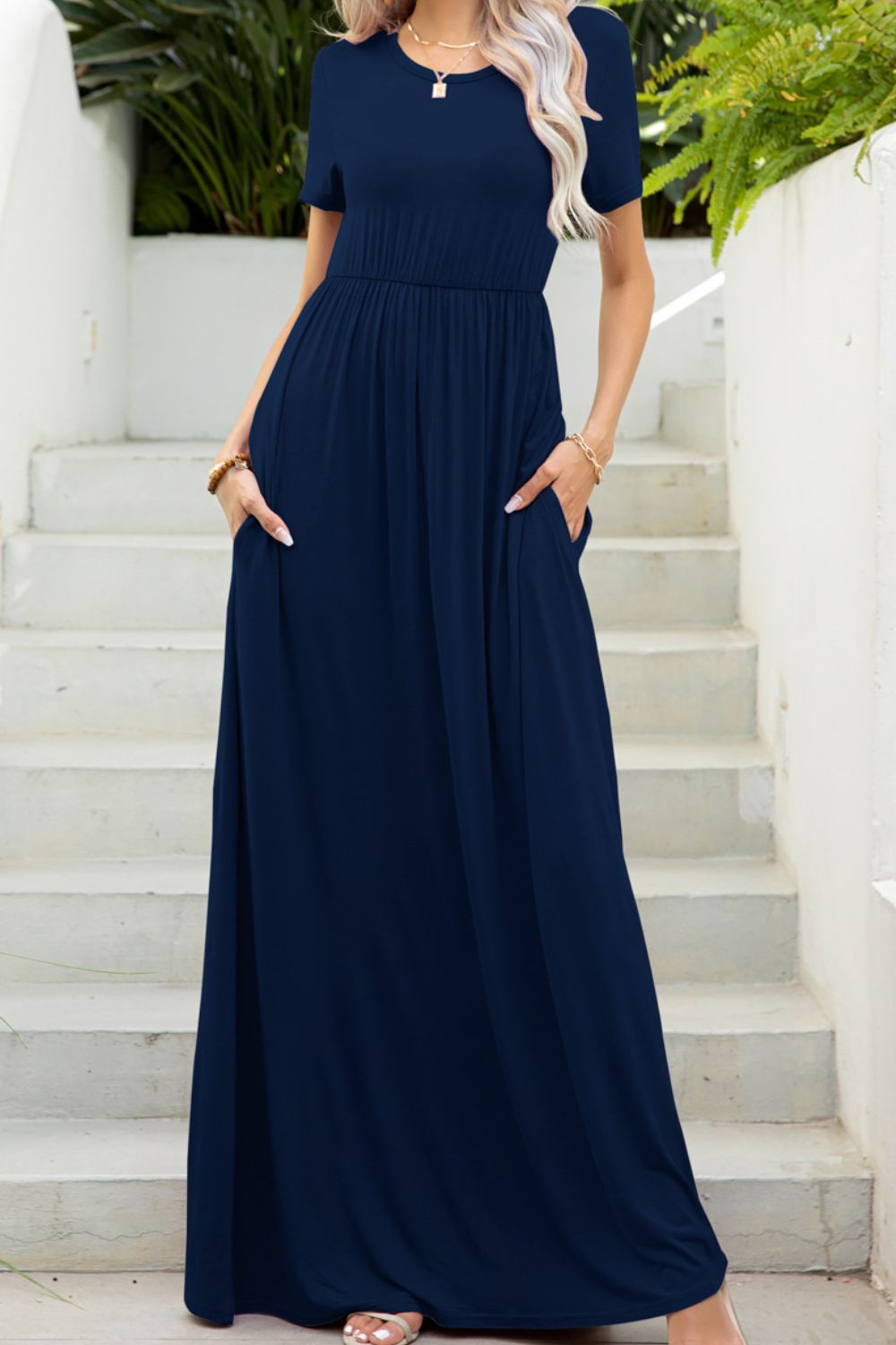Round Neck Maxi Tee Dress with Pockets - Nikki and Co Boutique