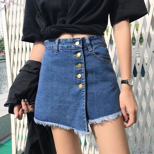 Summer Irregular High-waisted Denim Half Body Skirts, European and American Women's Fashionable Breasted Casual Denim Skirts