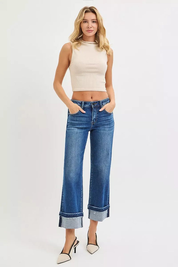 RISEN Mid Rise Ankle Straight Jeans with Cuffed Hem in Dark Wash - Nikki &amp; Co. Boutique