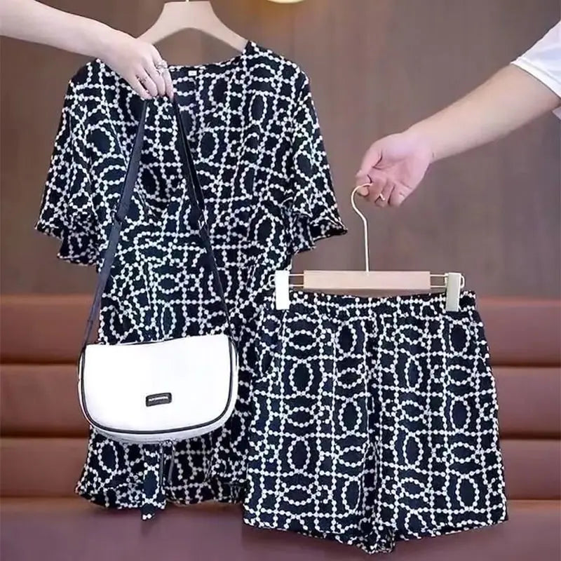 Women's Fashion Print Suit Summer New Western-style Long Tops Shirts And Shorts Two Piece Sets For Women Plus Size Clothing