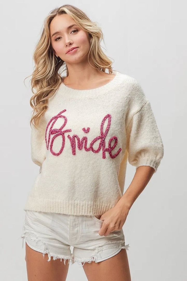 BiBi Metallic Letter Shorts Puff Sleeve Hairy Sweater | Nikki &amp; Co. Boutique