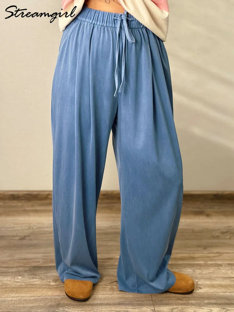 Summer Thin Lyocell Jeans Women Elastic Waist Ice Silk Wide Leg Denim Pants Pink Baggy Jeans For Women Summer Loose Trousers