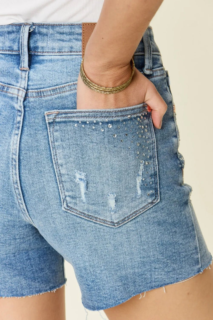 Judy Blue Full Size High Waist Rhinestone Decor Denim Shorts in Light Wash - Nikki &amp; Co. Boutique