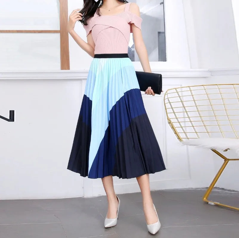 Cartoon Print Pleated Women Long Skirts High Waist A-Line Elastic Blue Pink Skirt For Ladies Summer Casual Female Bottoms Skirts