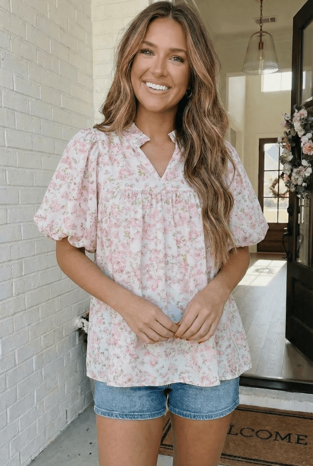 State Fair Summer Pink Floral Ruffle Neck Puff Sleeve Babydoll Blouse - Nikki &amp; Co. Boutique