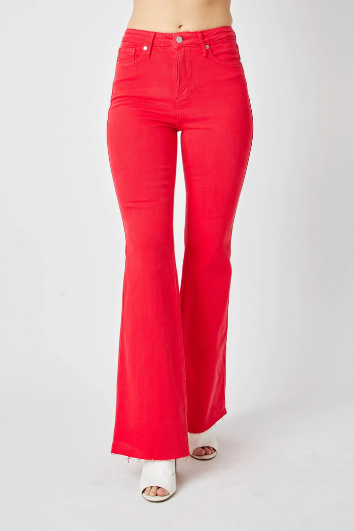 Judy Blue High-Rise Tummy Control Garment-Dyed Flare Jeans | Red - Nikki &amp; Co. Boutique