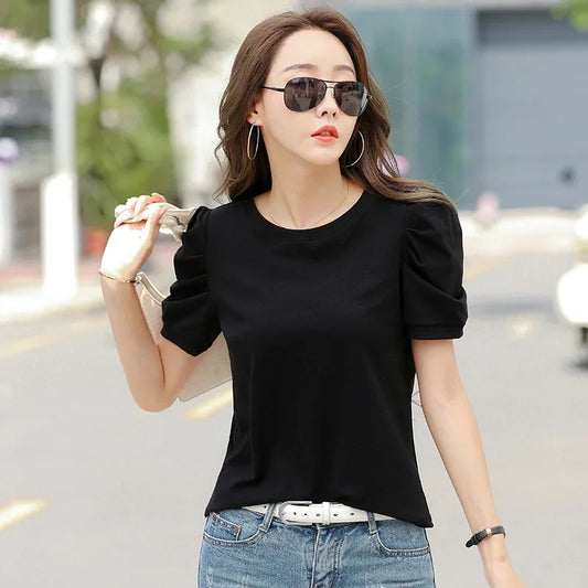 Plus Size Puff Sleeve Basic T-shirt Women Loose Short Sleeve Knitted Shirts Female Solid Tees Ladies Summer Tops Harajuku New