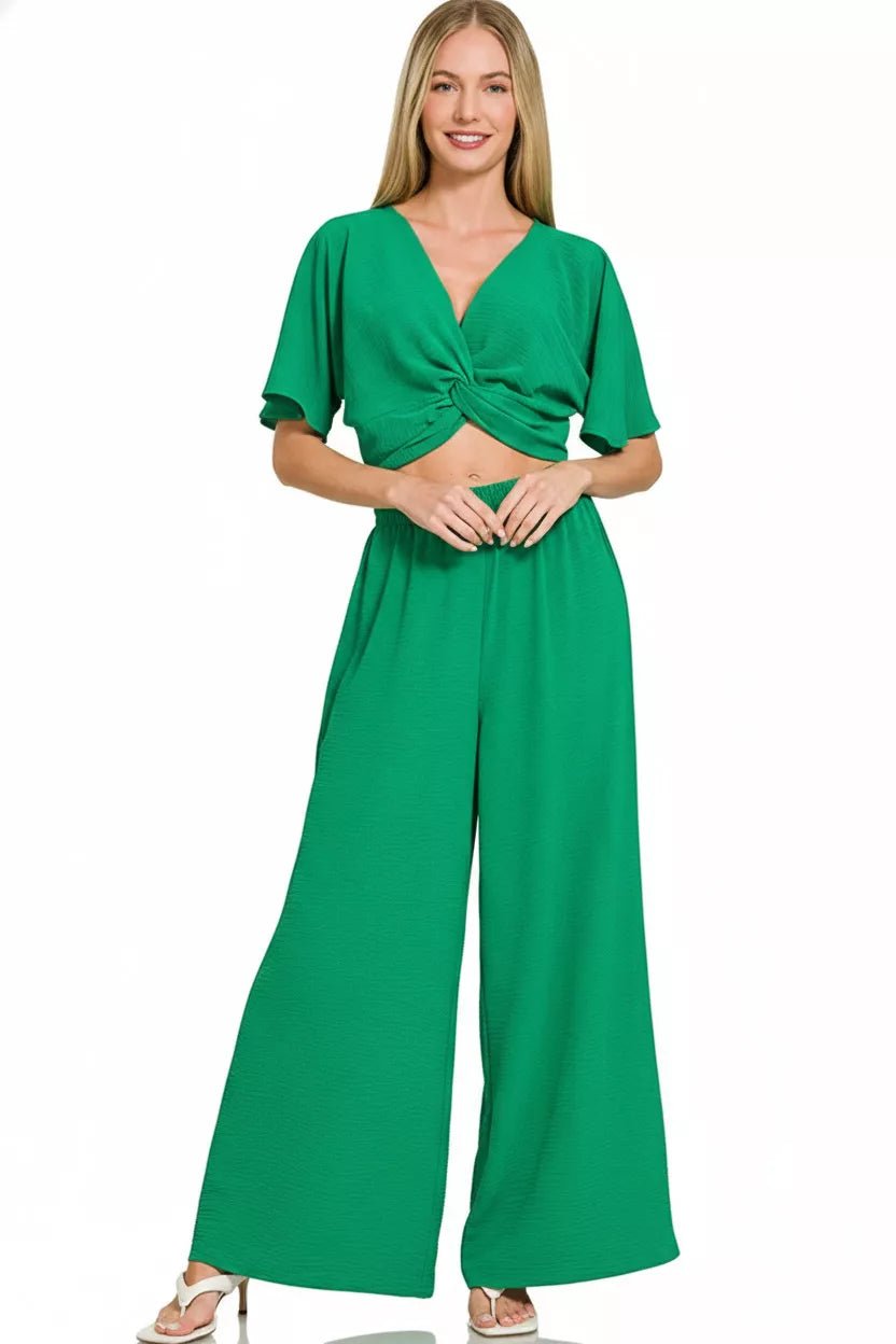 Zenana Woven Airflow Twisted Tops &amp; Wide Leg Pants Sets | Nikki &amp; Co. Boutique