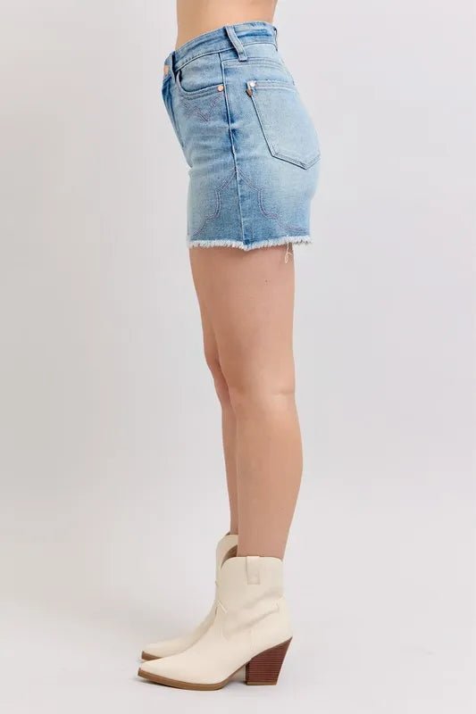 Judy Blue Full Size High Waist Western Embroidery Cut Off Denim Shorts in Light Wash - Nikki &amp; Co. Boutique