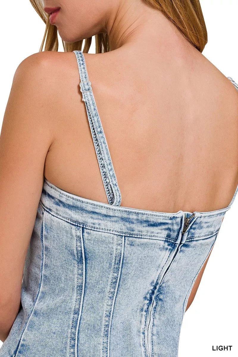 Zenana Spaghetti Strap Exposed Seam Light-Wash Dress | Nikki &amp; Co. Boutique