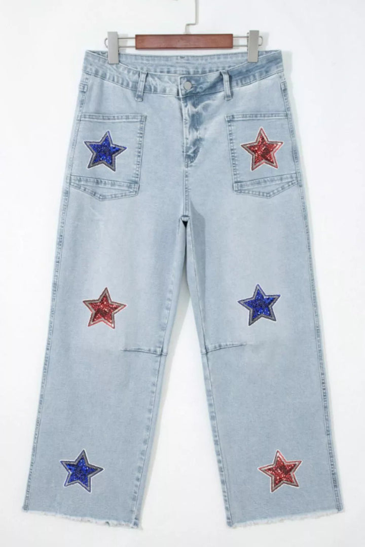 Star - Embellished Cropped Jeans in Light Blue - Nikki &amp; Co. Boutique