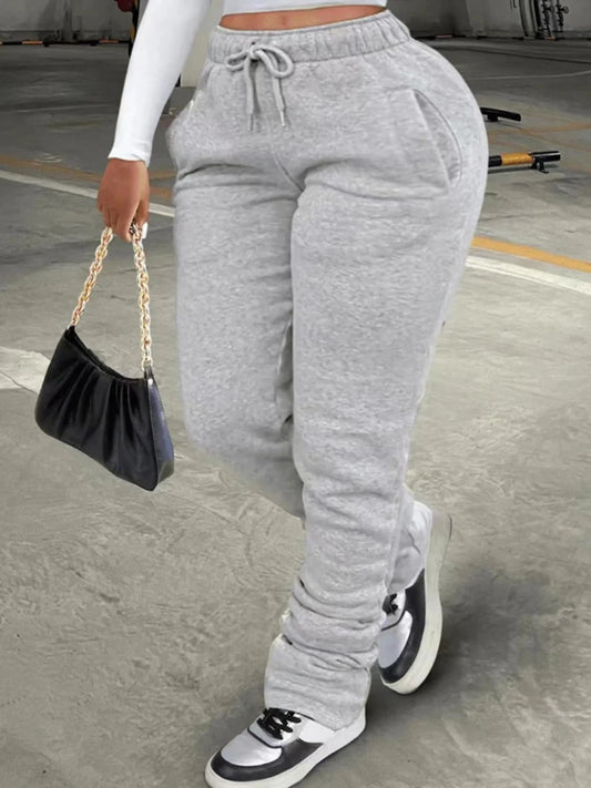 LW Plus Size Plain Pocket Sweatpants Mid Waist Drawstring Ruched Women Pants Stacked Trousers Sporty Casual Daily Bottoms
