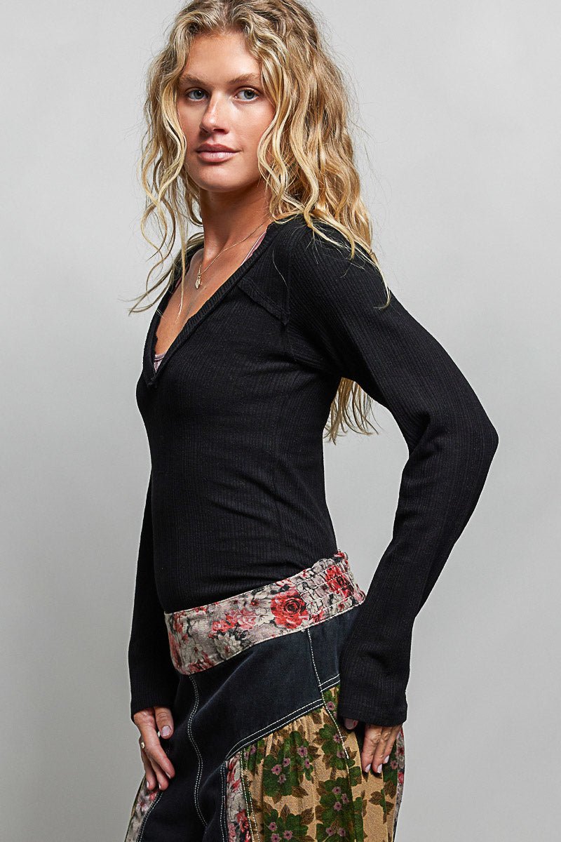POL Lace-Trim V-Neck Long-Sleeve Ribbed Top | Black - Nikki &amp; Co. Boutique