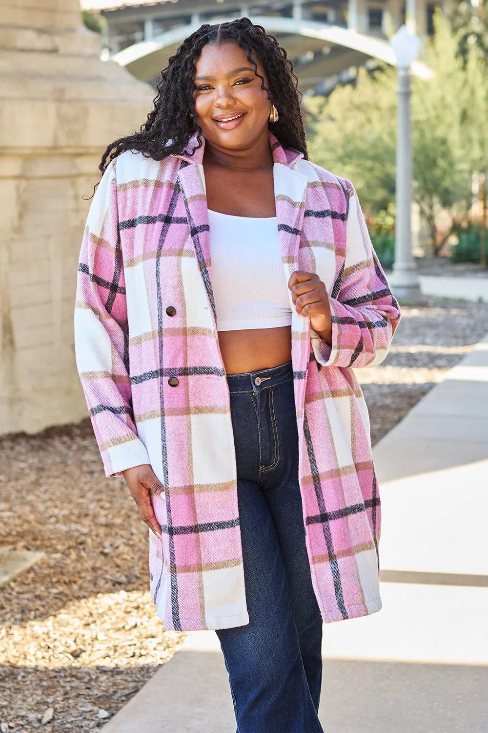 Double Take Full Size Plaid Button Up Lapel Collar Coat - Nikki &amp; Co. Boutique