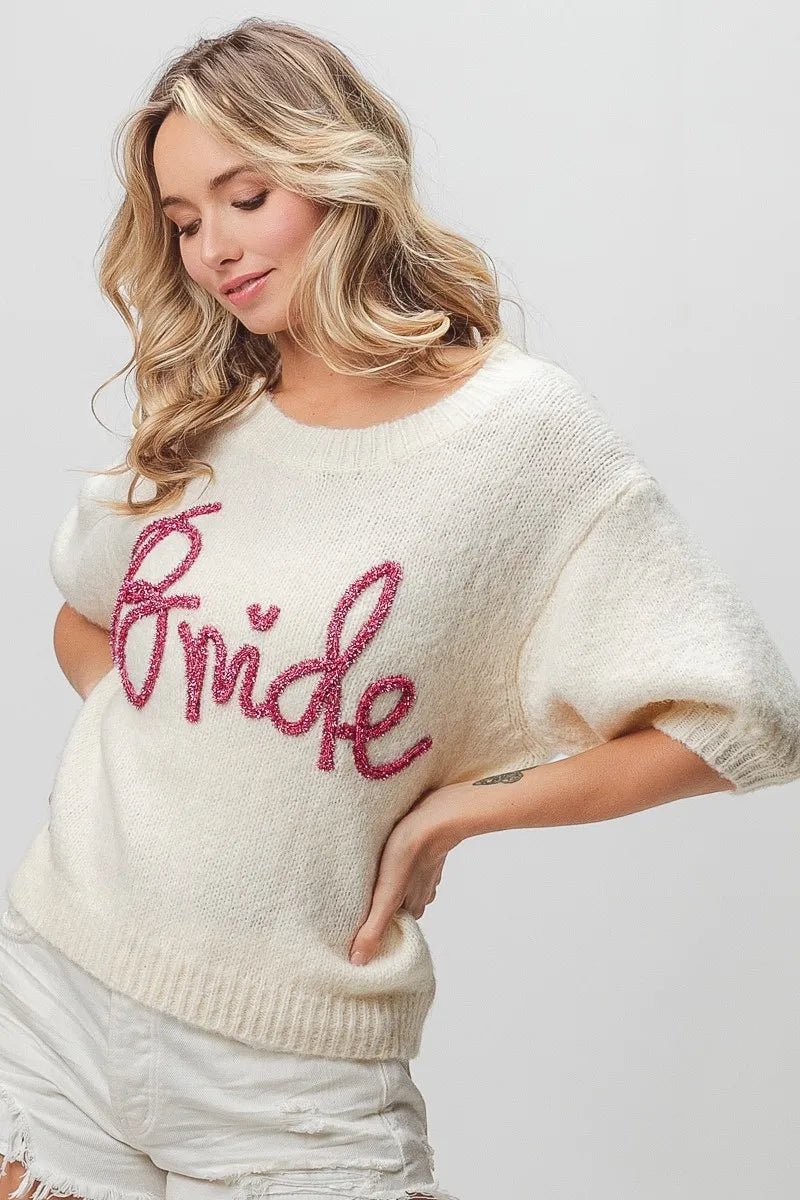 BiBi Metallic Letter Shorts Puff Sleeve Hairy Sweater | Nikki &amp; Co. Boutique
