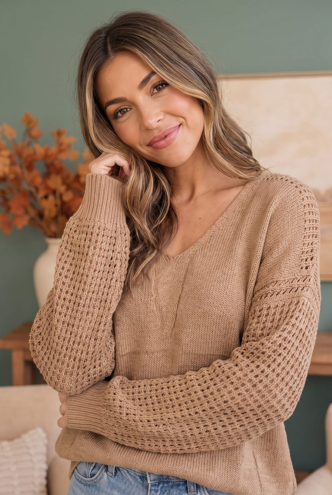 Cozy Caramel V-Neck Sweater with Crochet Sleeves - Nikki &amp; Co. Boutique