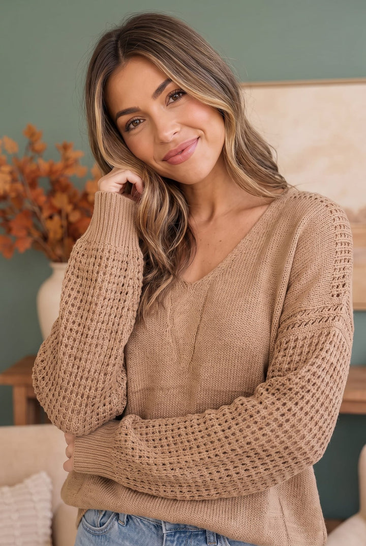 Cozy Caramel V-Neck Sweater with Crochet Sleeves - Nikki &amp; Co. Boutique