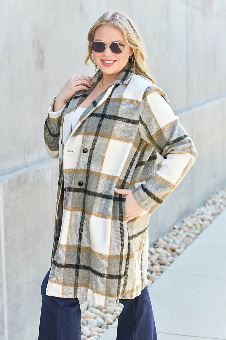 Double Take Full Size Plaid Button Up Lapel Collar Coat - Nikki &amp; Co. Boutique