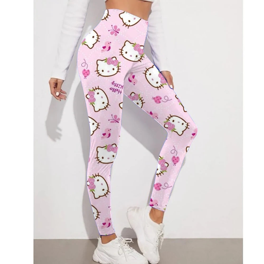 Fitness Women Sport Hello Kitty Kuromi print Waist Elastic Solid Yoga Leggings Gym Jogging Quick Dry Push Up Slim Pants Female