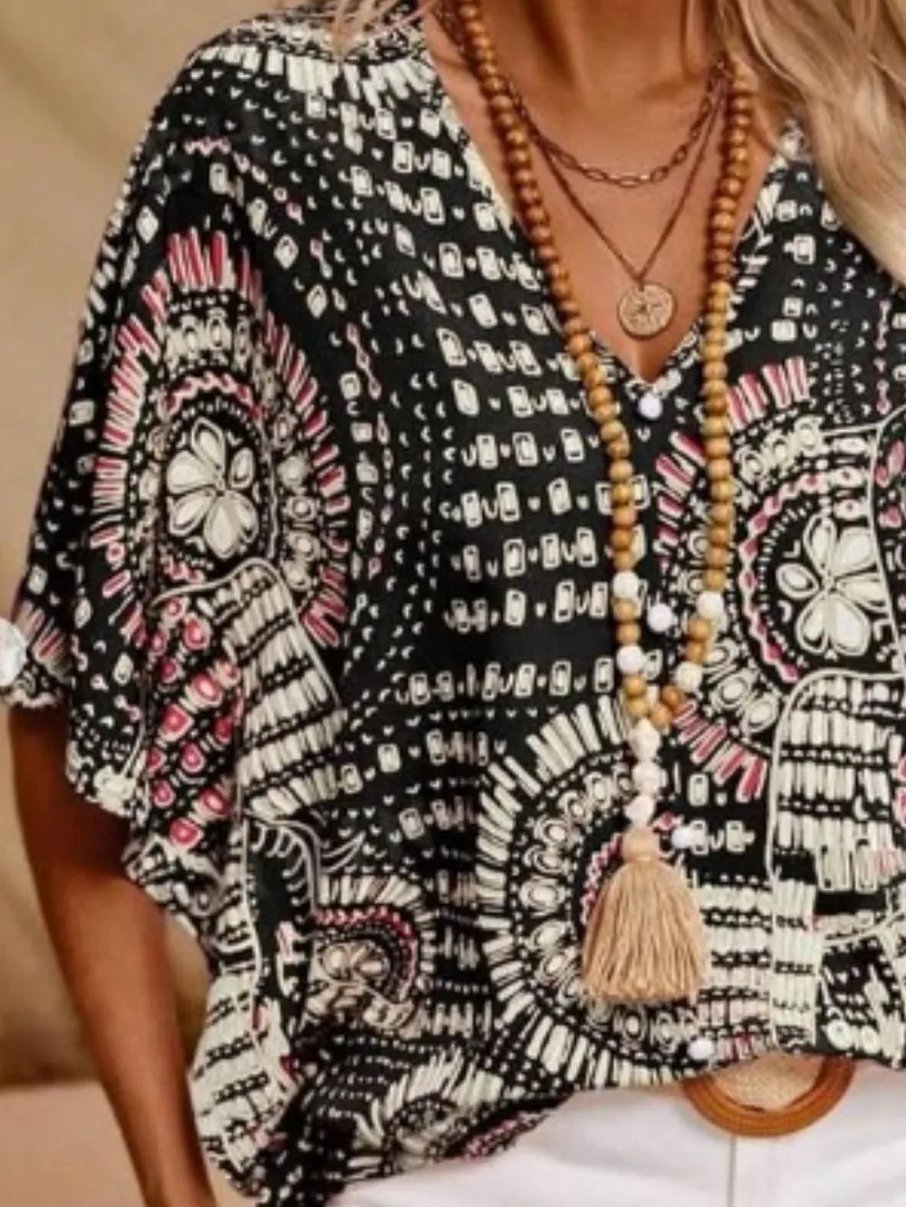 Printed V - Neck Half Sleeve Tops - Nikki &amp; Co. Boutique