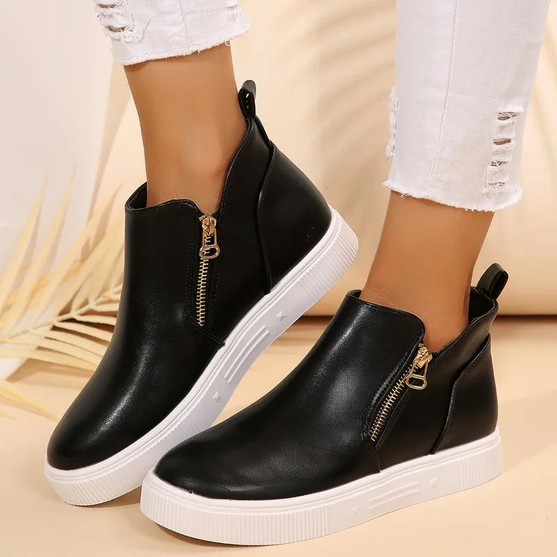 Inside Heightened Single Shoes Autumn New Round Toe Side Zipper Platform Non-Slip Wear-Resistant Flats