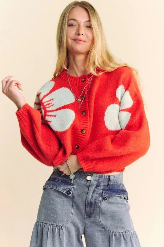 Davi &amp; Dani Flower Contrast Round Neck Long Sleeve Cardigan - Nikki &amp; Co. Boutique