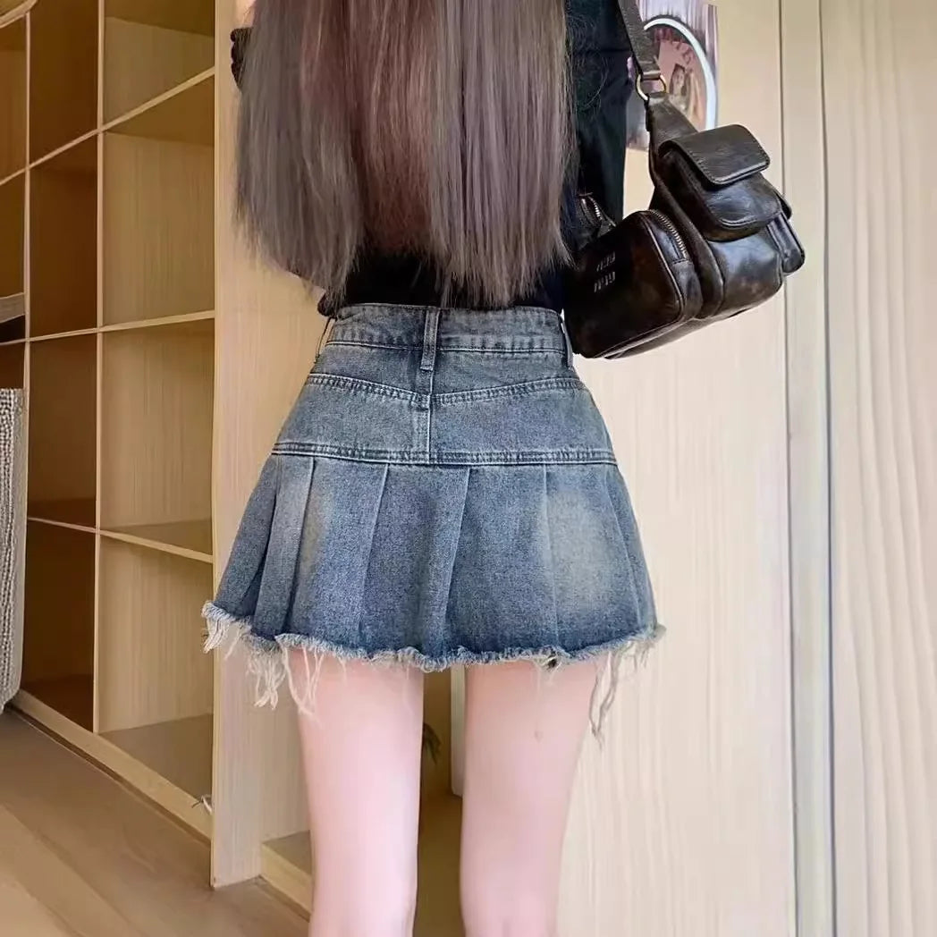High-Waisted Vintage Patchwork Fringe Design Sensibility Slimming Denim Mini Dress For Women Summer Style A- Line Mini Skirt