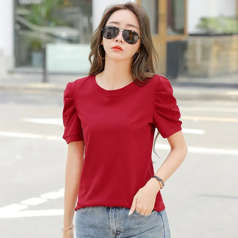 Plus Size Puff Sleeve Basic T-shirt Women Loose Short Sleeve Knitted Shirts Female Solid Tees Ladies Summer Tops Harajuku New