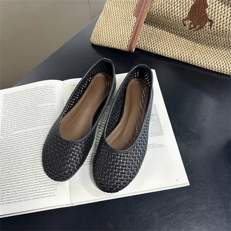 White Flats Ladies Low Heels Pumps Summer Office Shoes Blue Porosity Mary Jane Flat Shoes Comfort Ballet Plus Size 42 43