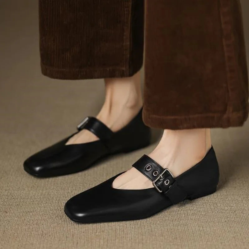 Leopard Pattern Shoes for Ladies Square Toes Flat Heels Front Strap Female Ballets Sewing Lines Womens Shallow Chassure Femme