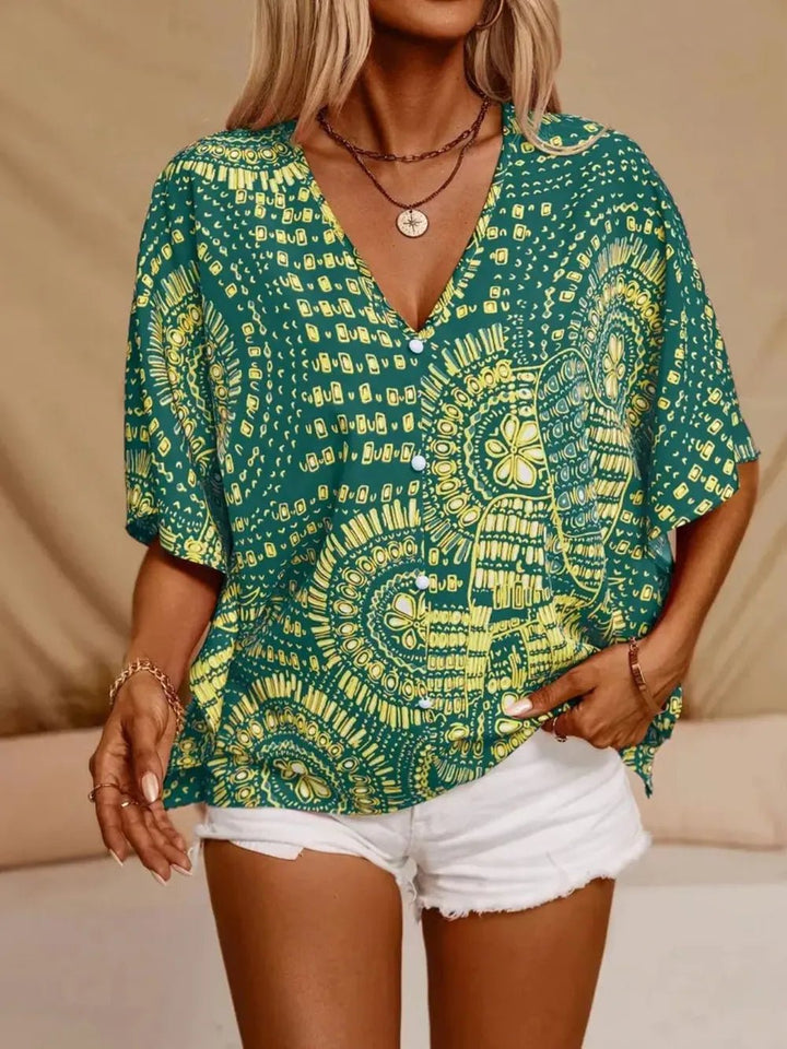 Printed V - Neck Half Sleeve Tops - Nikki &amp; Co. Boutique