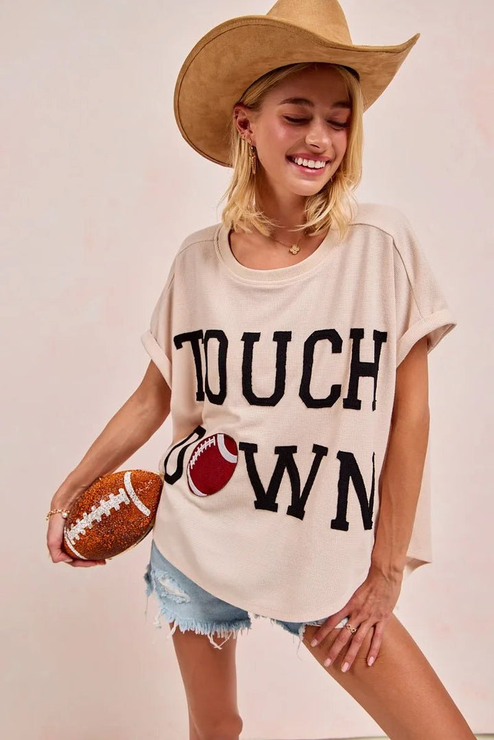 BiBi Touchdown Letter Patch Waffle Knit Top | Beige - Nikki &amp; Co. Boutique
