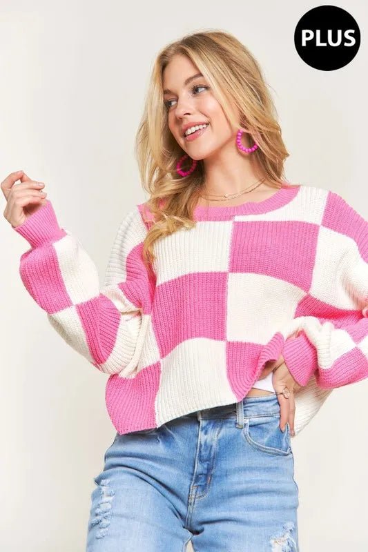 ADORA Plus Size Comfy Checkered Colorblock Sweater Top - Nikki &amp; Co. Boutique