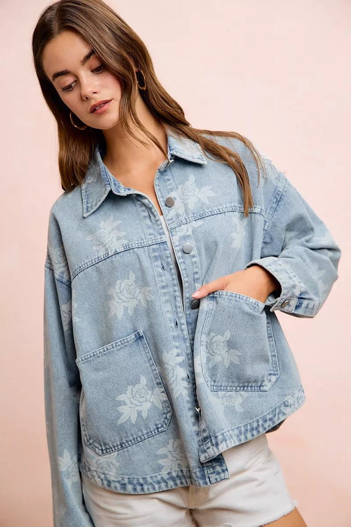 BiBi Printed Washed Denim Jacket With Pocket - Nikki &amp; Co. Boutique