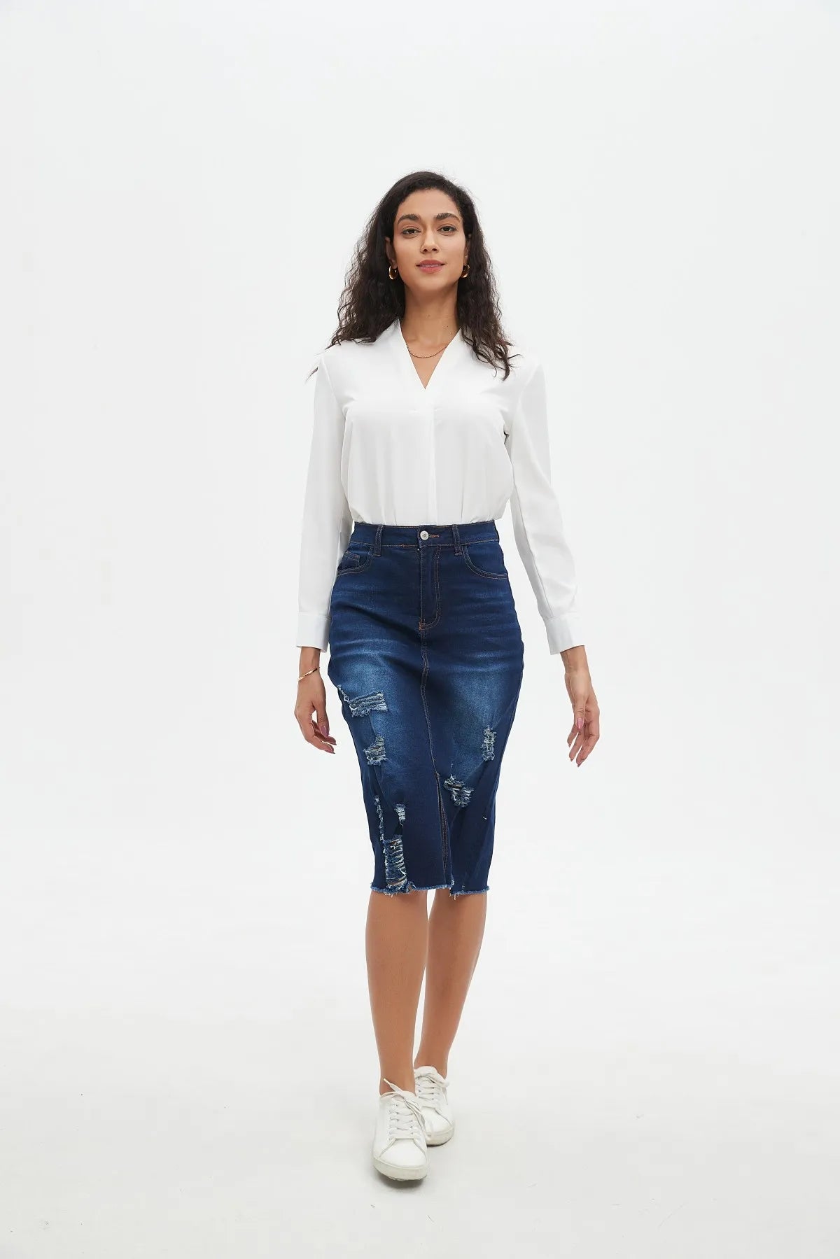 ZMTUO Dark Blue Denim Midi Skirt High waisted Distressed Slit Detail Women's Fashion Trendy Casual Look Street style