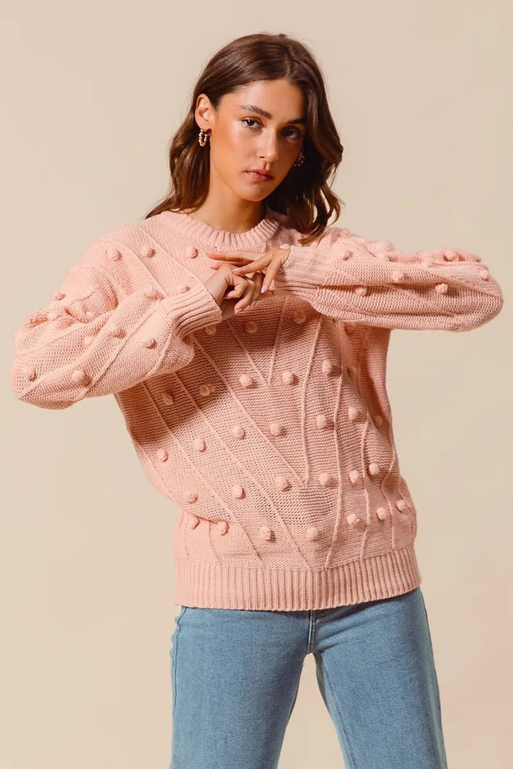 SO ME Pom-Pom Textured-Knit Sweater Top | Blush - Nikki &amp; Co. Boutique