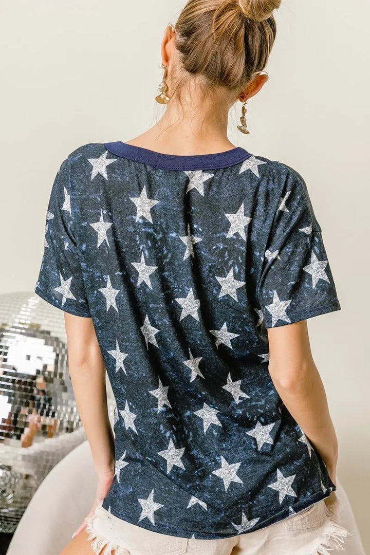 BiBi Vintage Star Print Tops With Contrast Caged Neck | Nikki &amp; Co. Boutique