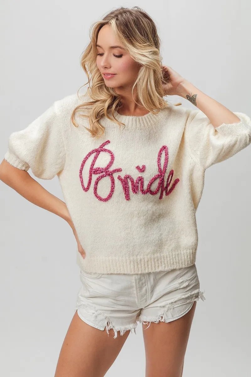 BiBi Metallic Letter Shorts Puff Sleeve Hairy Sweater | Nikki &amp; Co. Boutique