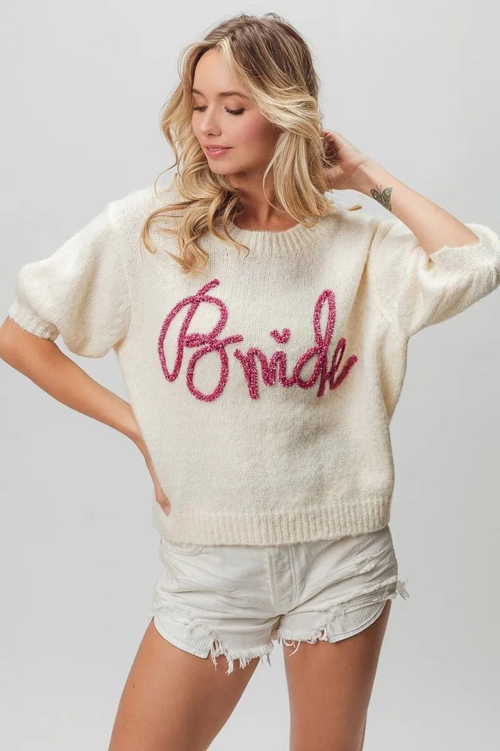 BiBi Metallic Letter Shorts Puff Sleeve Hairy Sweater | Nikki &amp; Co. Boutique