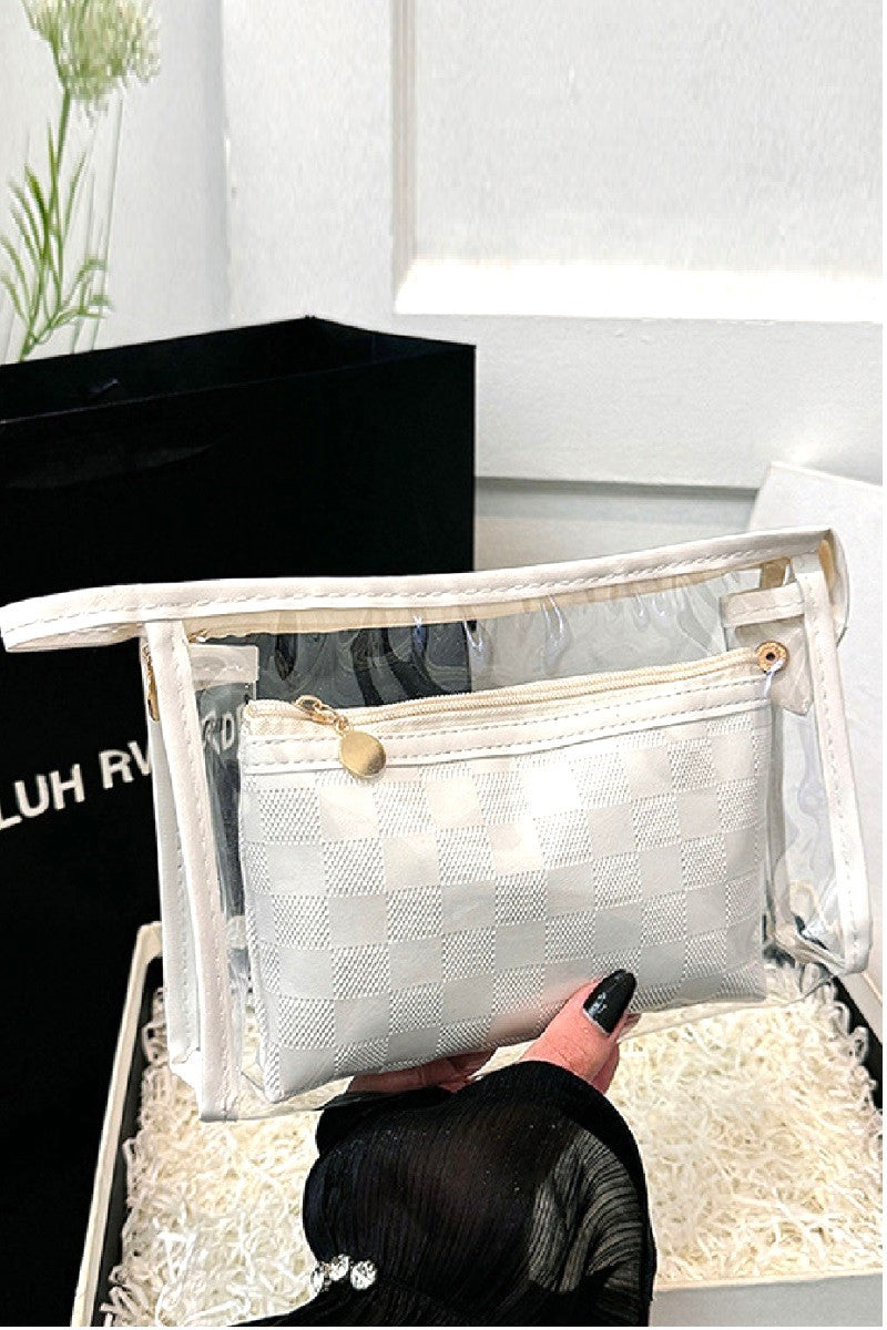 Clear large make up bag with color outline and smaller matching colored second bag