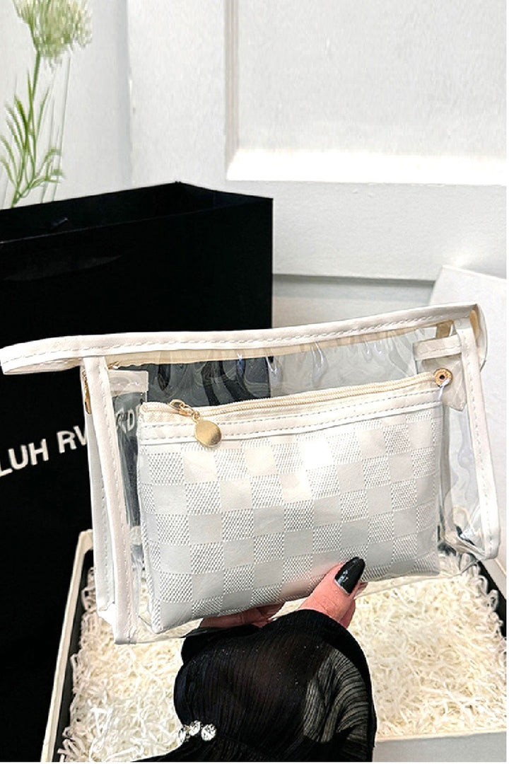 Clear large make up bag with color outline and smaller matching colored second bag