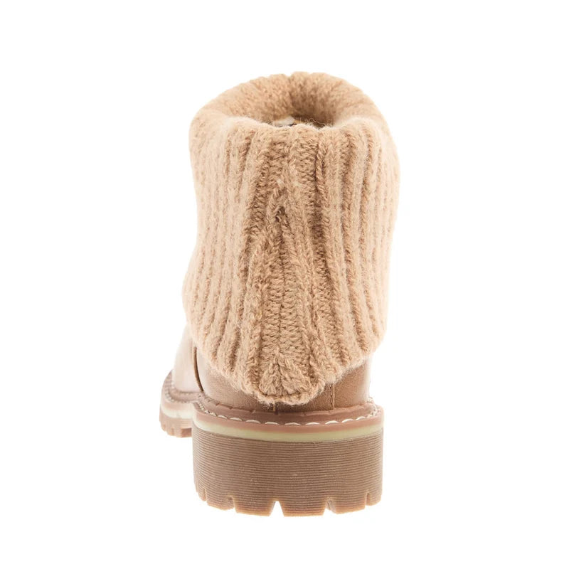 A single beige ankle boot shown from the back, featuring a thick, ribbed knit sock-style collar and a chunky lug sole, set against a plain white background.