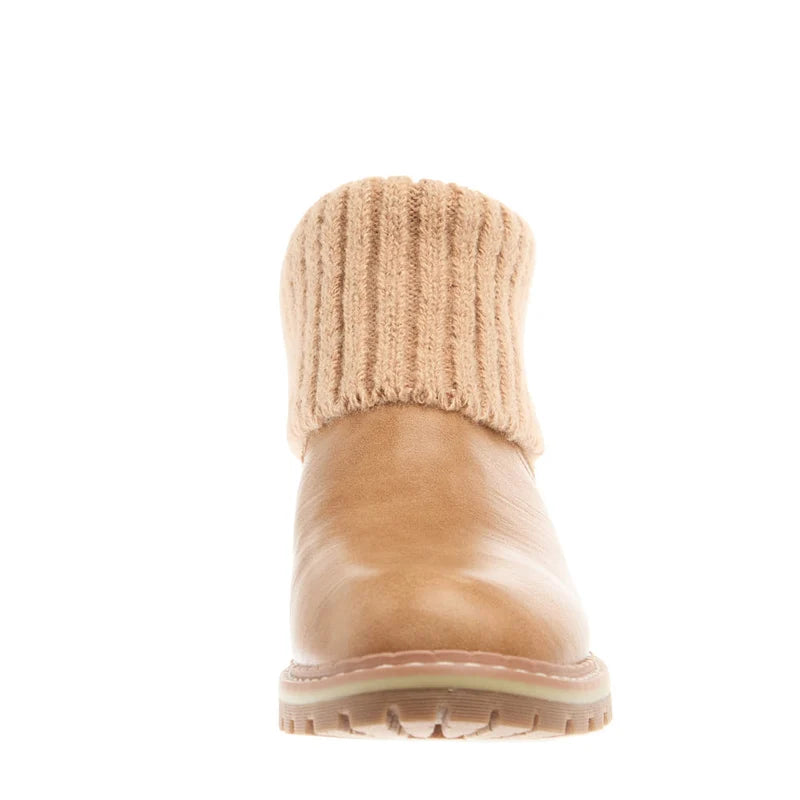 Tan boot with a knitted cuff on a white background
