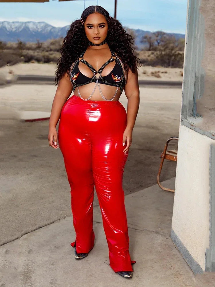 plus Size High Waist Faux Latex Pencil Pants Women Shiny PVC Leather Leggings Stretchy 6XL 7XL Custom Hem Split Trousers