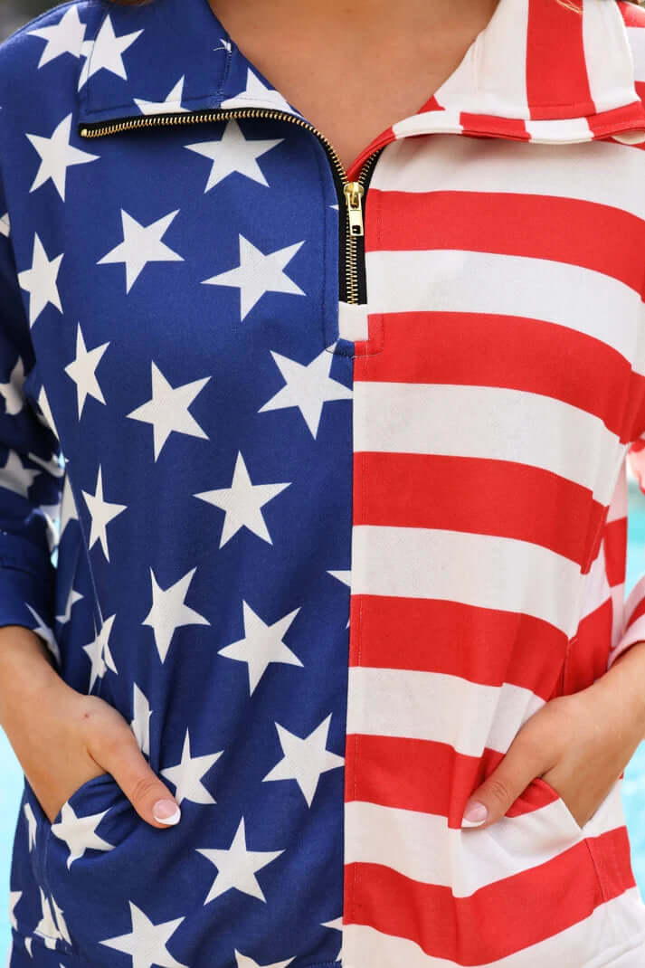 Woman wearing an Americana design pullover.