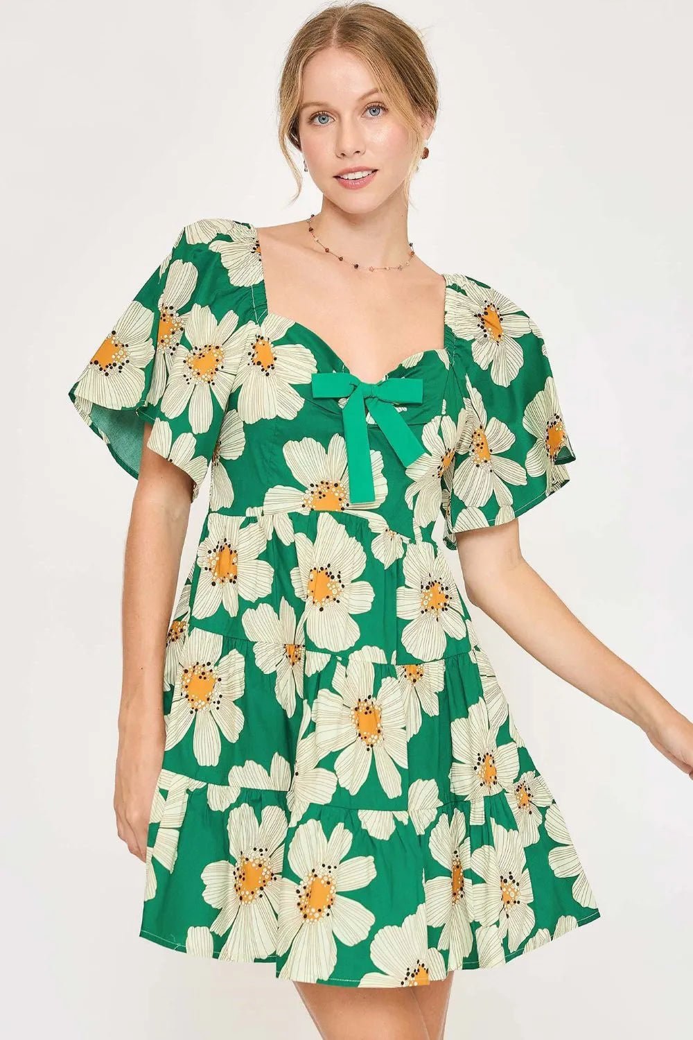 Umgee Full Size Daisy Print Mini Dress with Ribbon Details Plus Size - Nikki &amp; Co. Boutique