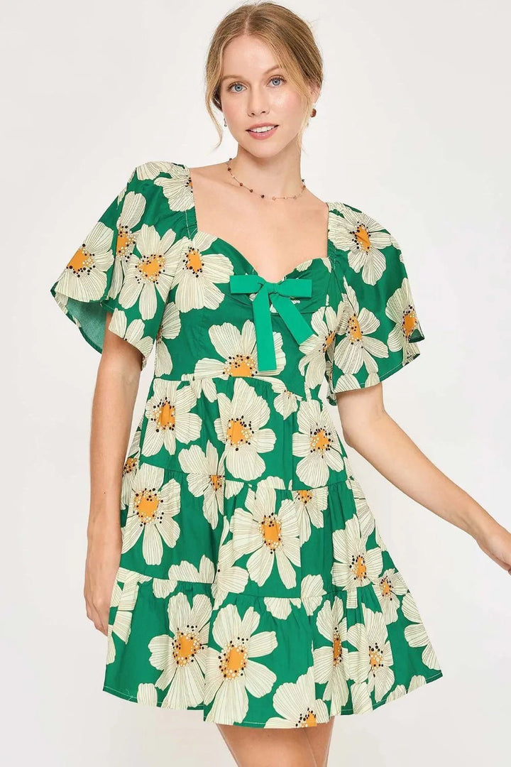 Umgee Full Size Daisy Print Mini Dress with Ribbon Details Plus Size - Nikki &amp; Co. Boutique