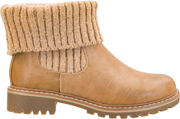 A tan leather ankle boot with a ribbed knit sock-style cuff in a lighter beige, shown from a side profile on a white background.