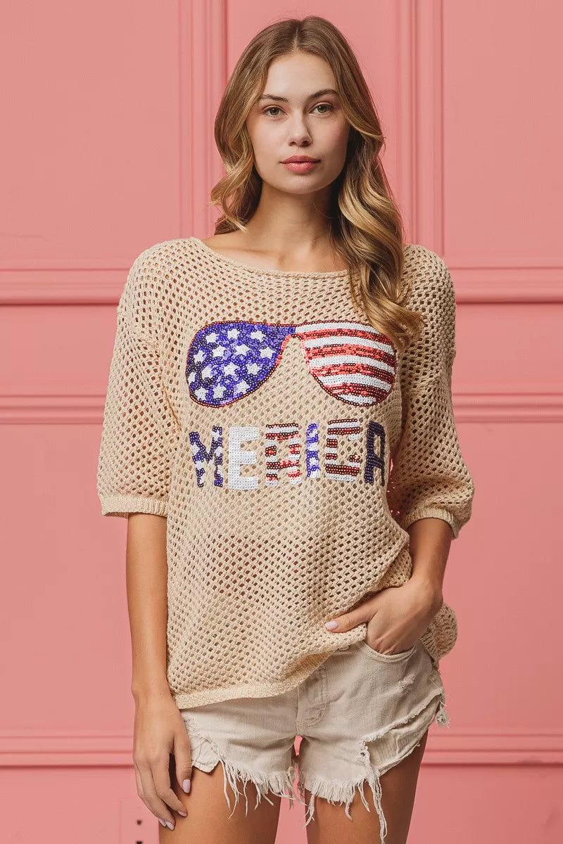 BiBi Sequin American Flag Sunglasses Knit Cover Up | Nikki &amp; Co. Boutique